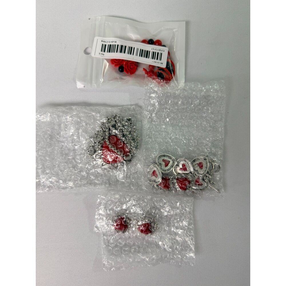 Red Heart Jewelry Bundle Pendant Necklace Bracelet Earrings Rose Bead Bracelet